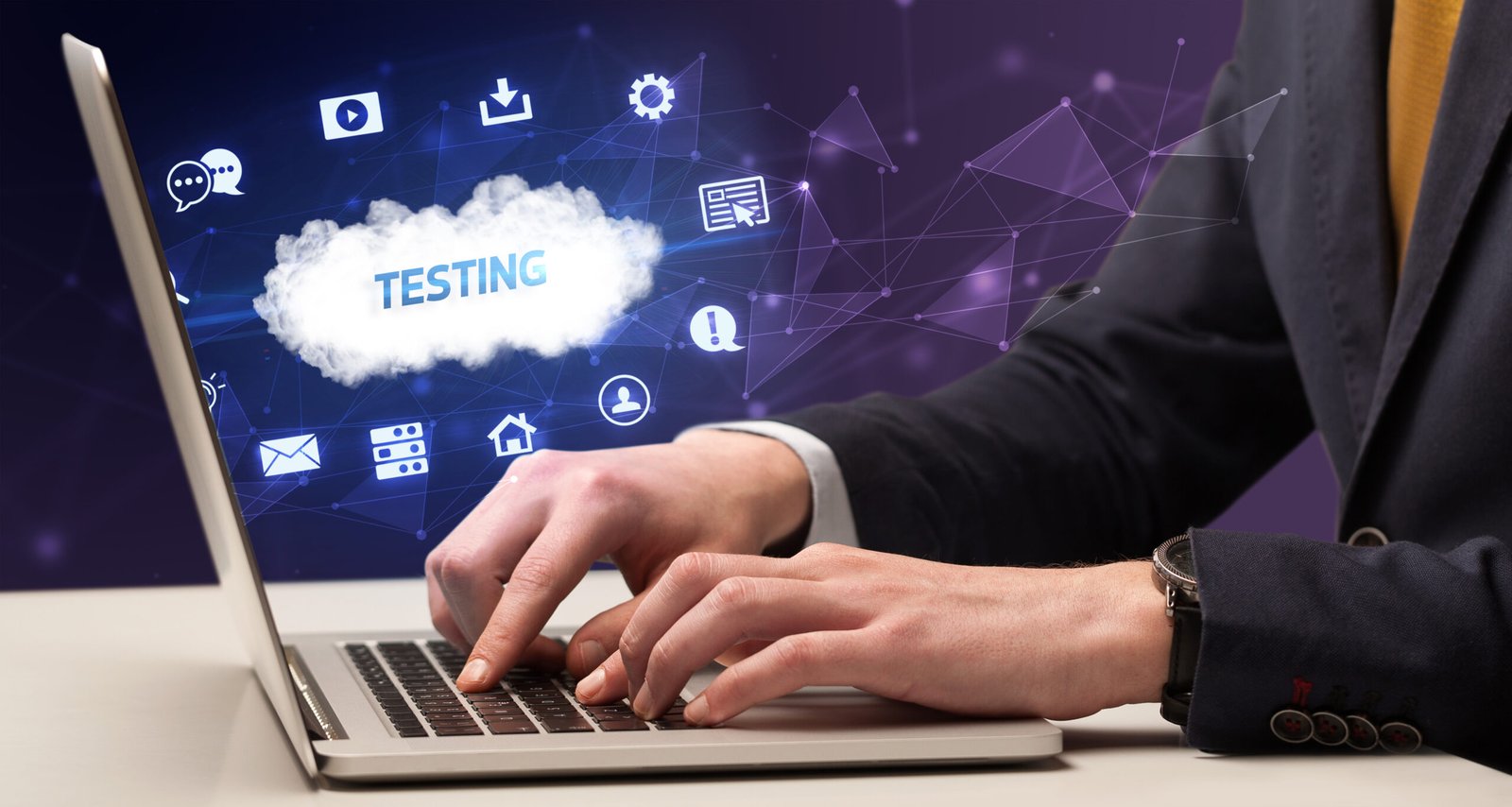 Businessman working on laptop with TESTING inscription, modern technology concept concept